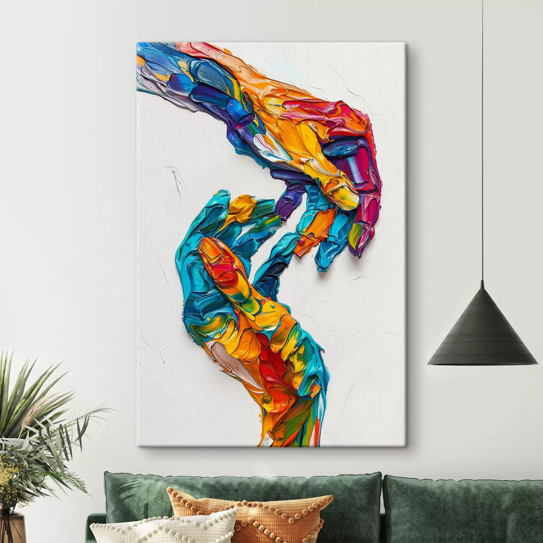 wall murals Colorful abstract impasto oil painting hands with vibrant brushstrokes of blue, orange, yellow, and red paint s38955