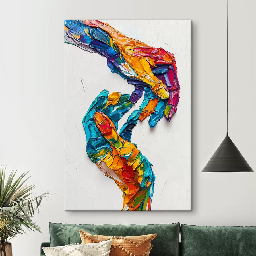 wall murals Colorful abstract impasto oil painting hands with vibrant brushstrokes of blue, orange, yellow, and red paint s38955