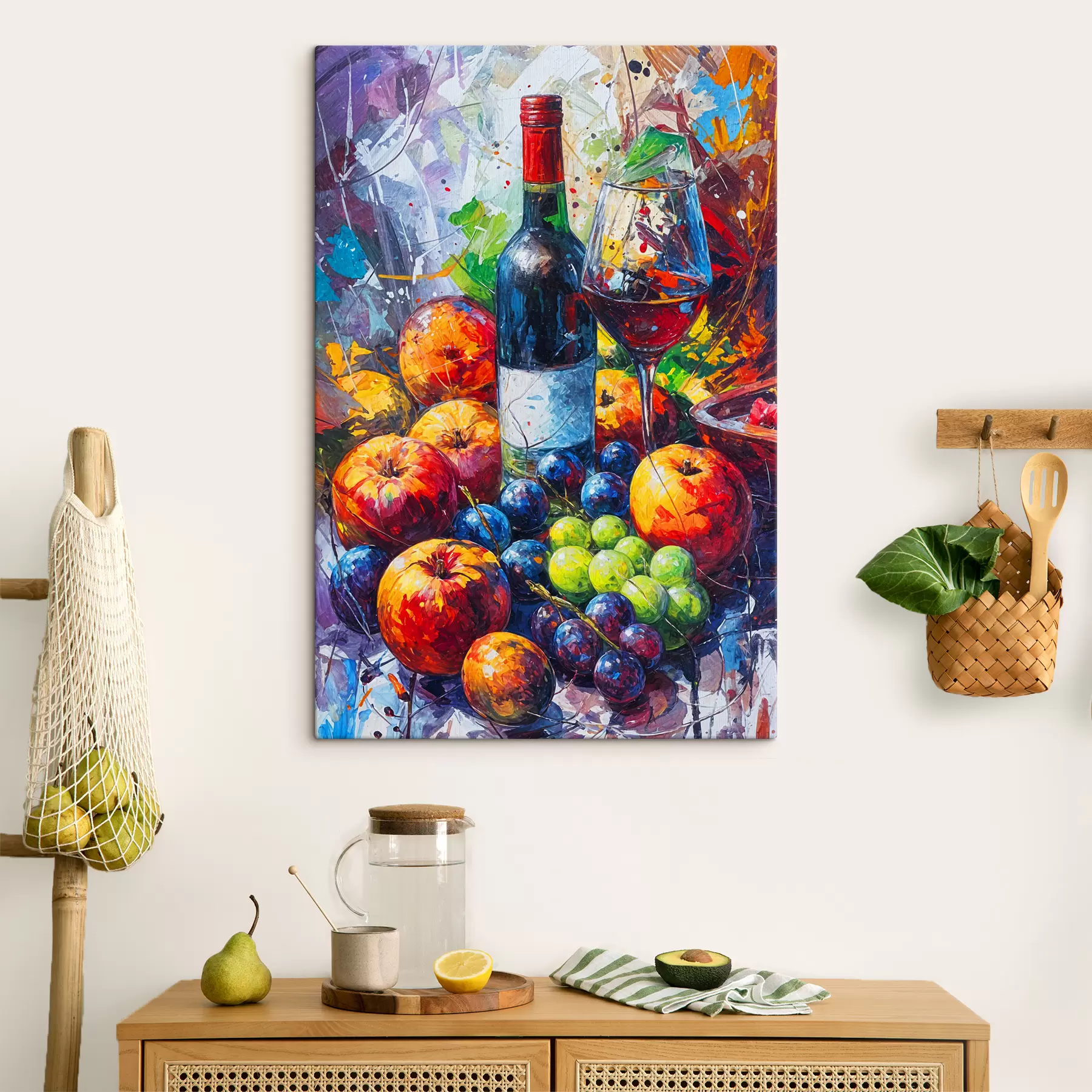 wall murals Abstract still life painting of a bottle of wine, a glass of wine, and colorful fruits with splashes of various colors s38958