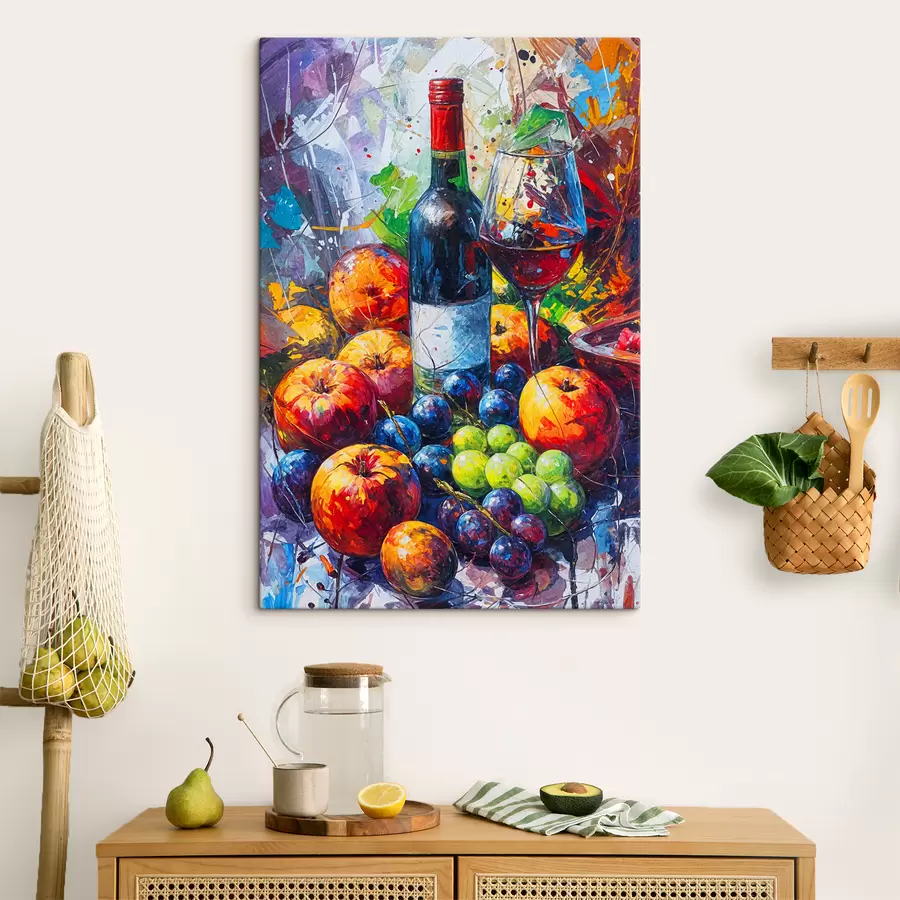 murales Bodegón abstracto con una botella de vino, una copa de vino y frutas coloridas con toques de varios colores s38958