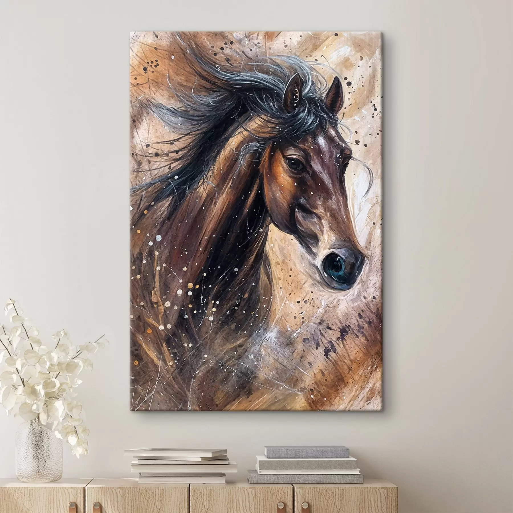wall murals Painting of a brown horse with flowing mane, against a textured background with splashes of color  s38959