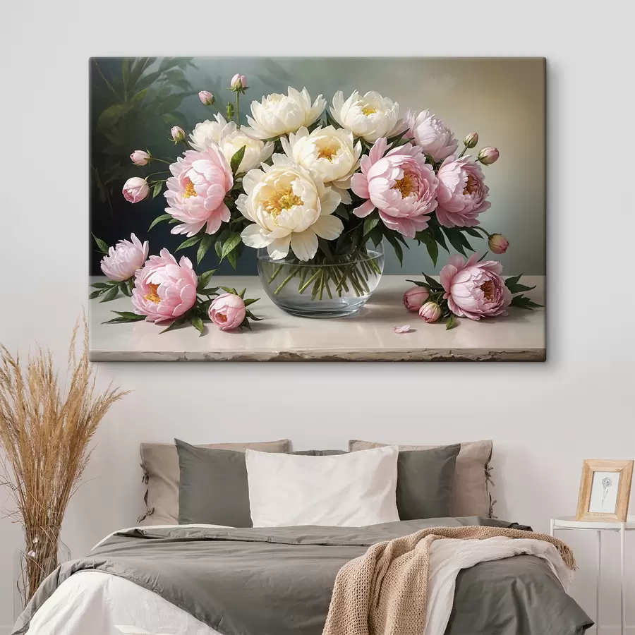 wall murals Painting of a bouquet of beautiful white and pink peonies in a glass vase on a wooden table s38967