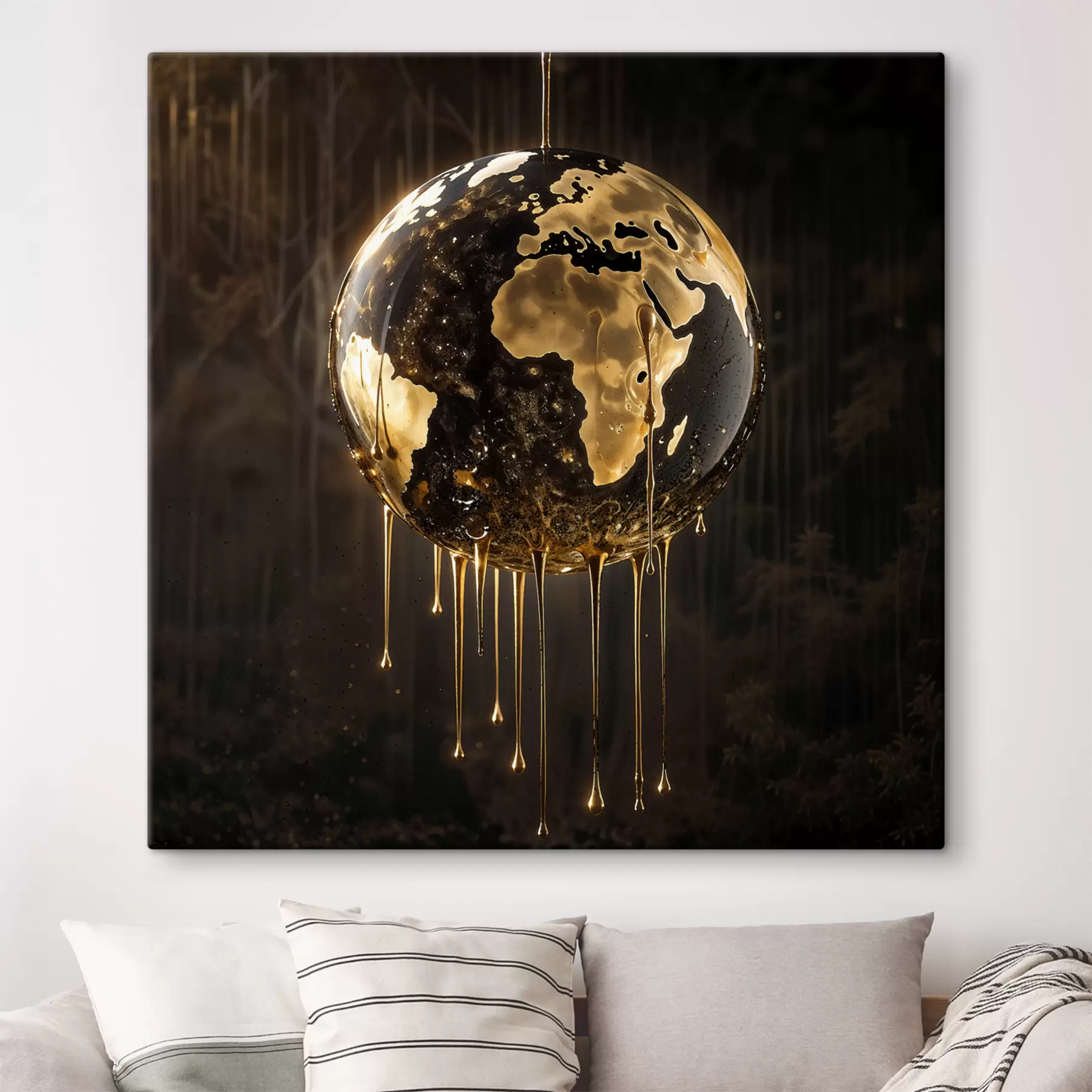 wall murals A glowing globe depicting the Earth surrounded by dripping liquid against a dark background s38983