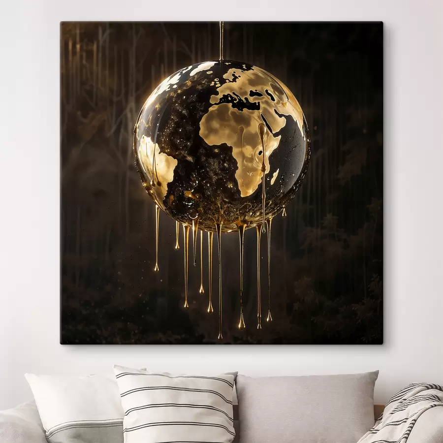 wall murals A glowing globe depicting the Earth surrounded by dripping liquid against a dark background s38983