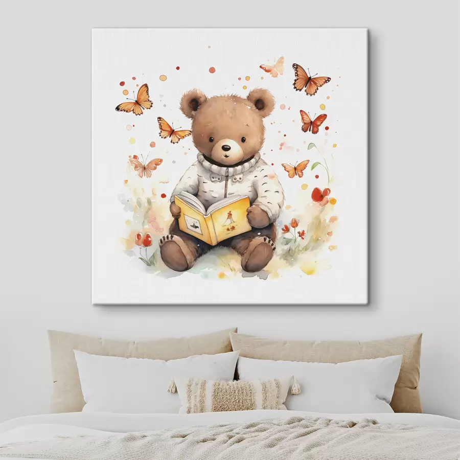 wall murals Brown bear cub in a sweater reads a book surrounded by watercolor butterflies s39025