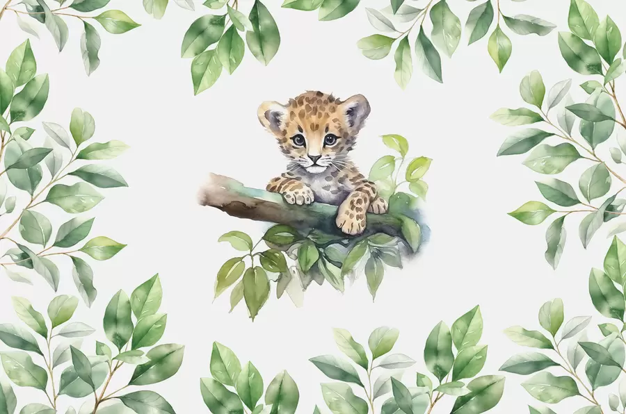 wall murals Little leopard sits on a branch among leaves watercolor w00889