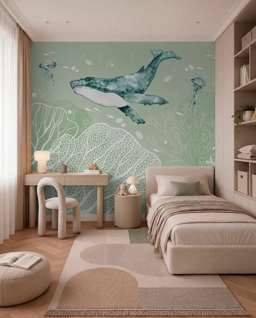 wall murals Whale in the sea, watercolor, corals, jellyfish, marine life, green colors w00848v3