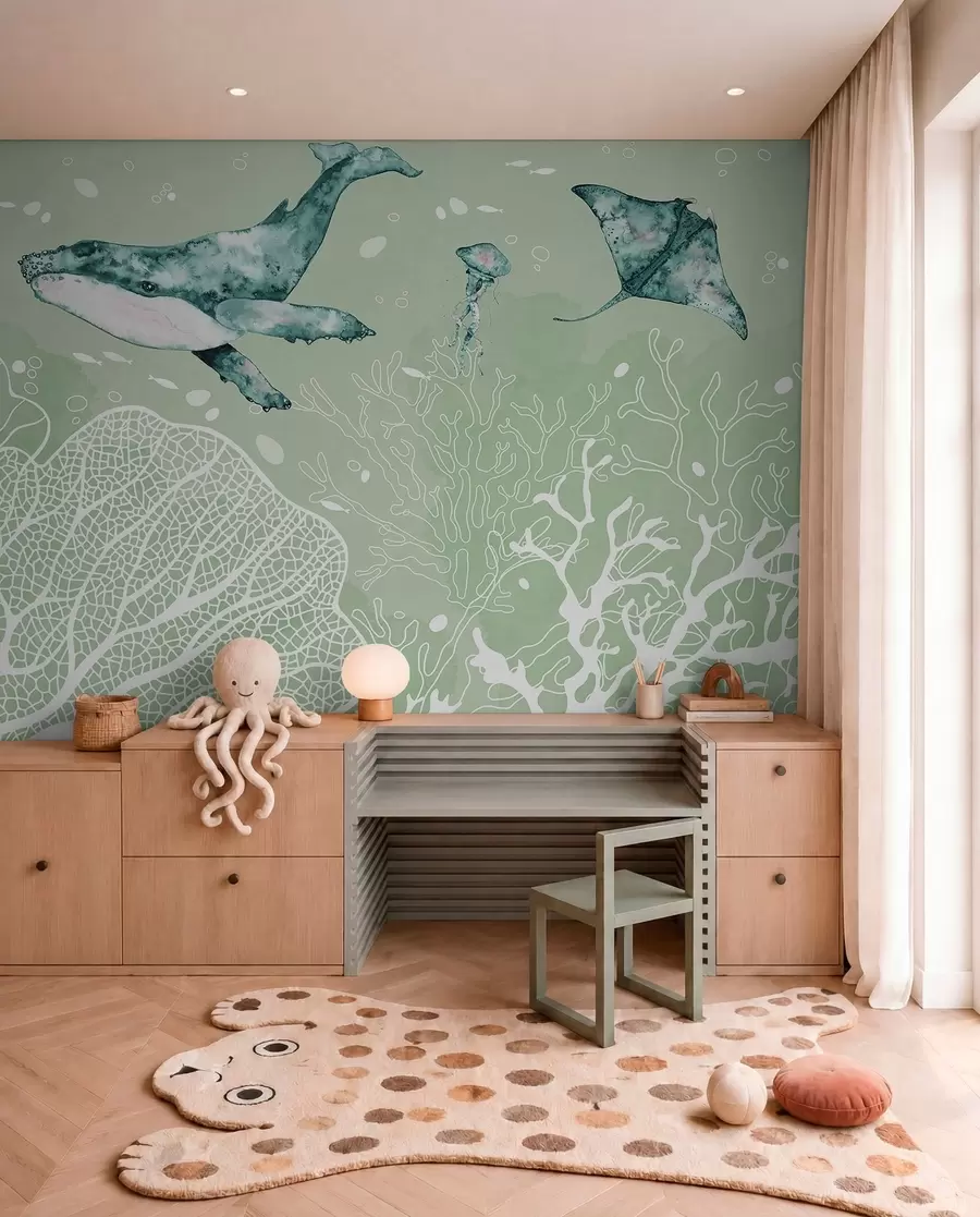 peintures murales Baleine dans la mer, aquarelle, coraux, méduses, vie marine, couleurs vertes w00848v3