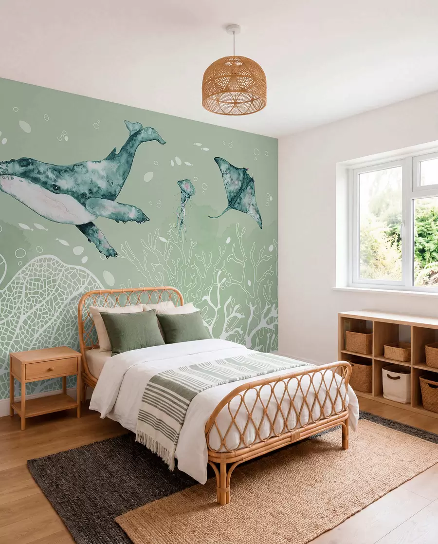 peintures murales Baleine dans la mer, aquarelle, coraux, méduses, vie marine, couleurs vertes w00848v3
