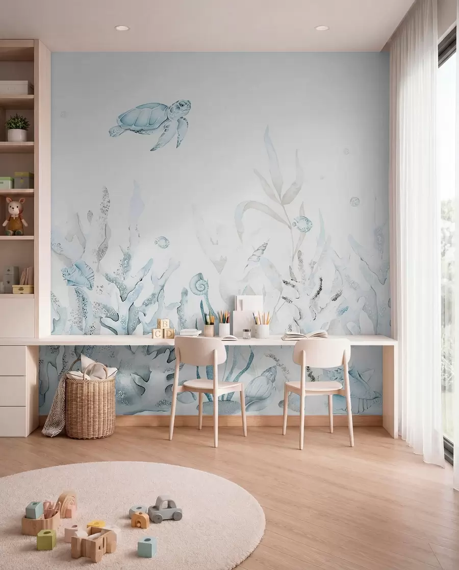 peintures murales Coraux de mer aquarelle, coquillages, tortues, vie marine, couleurs bleues douces w00849