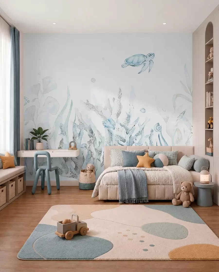 wall murals Watercolor sea corals, seashells, turtle, marine life, soft blue colors w00849