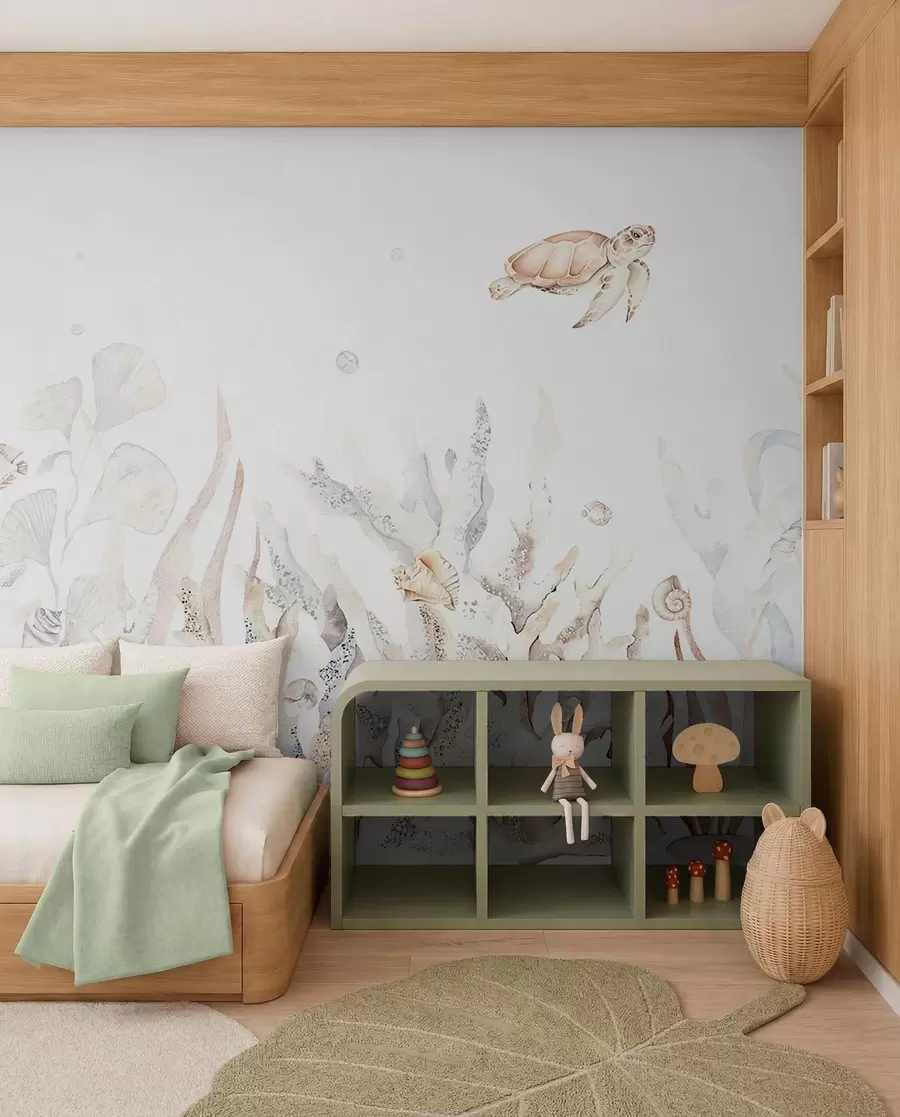 murales Corales marinos acuarela, conchas marinas, tortugas, vida marina, colores beige suaves w00849v1