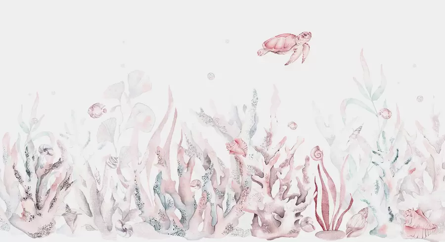 peintures murales Coraux de mer aquarelle, coquillages, tortues, vie marine, couleurs rose tendre w00849v2