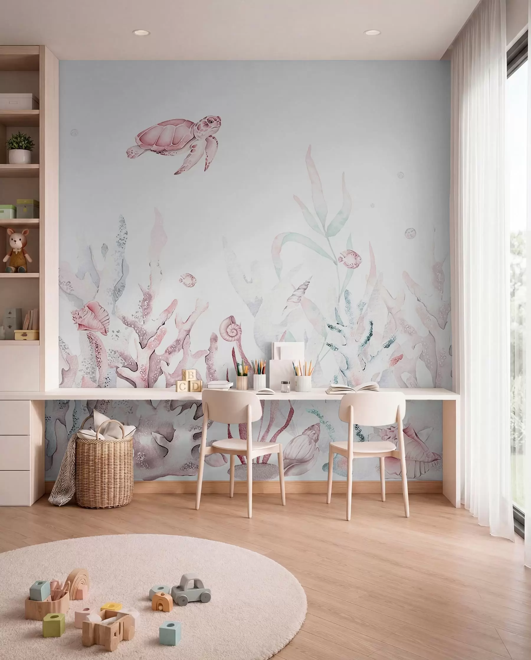 wall murals Watercolor sea corals, seashells, turtle, marine life, soft pink colors w00849v2