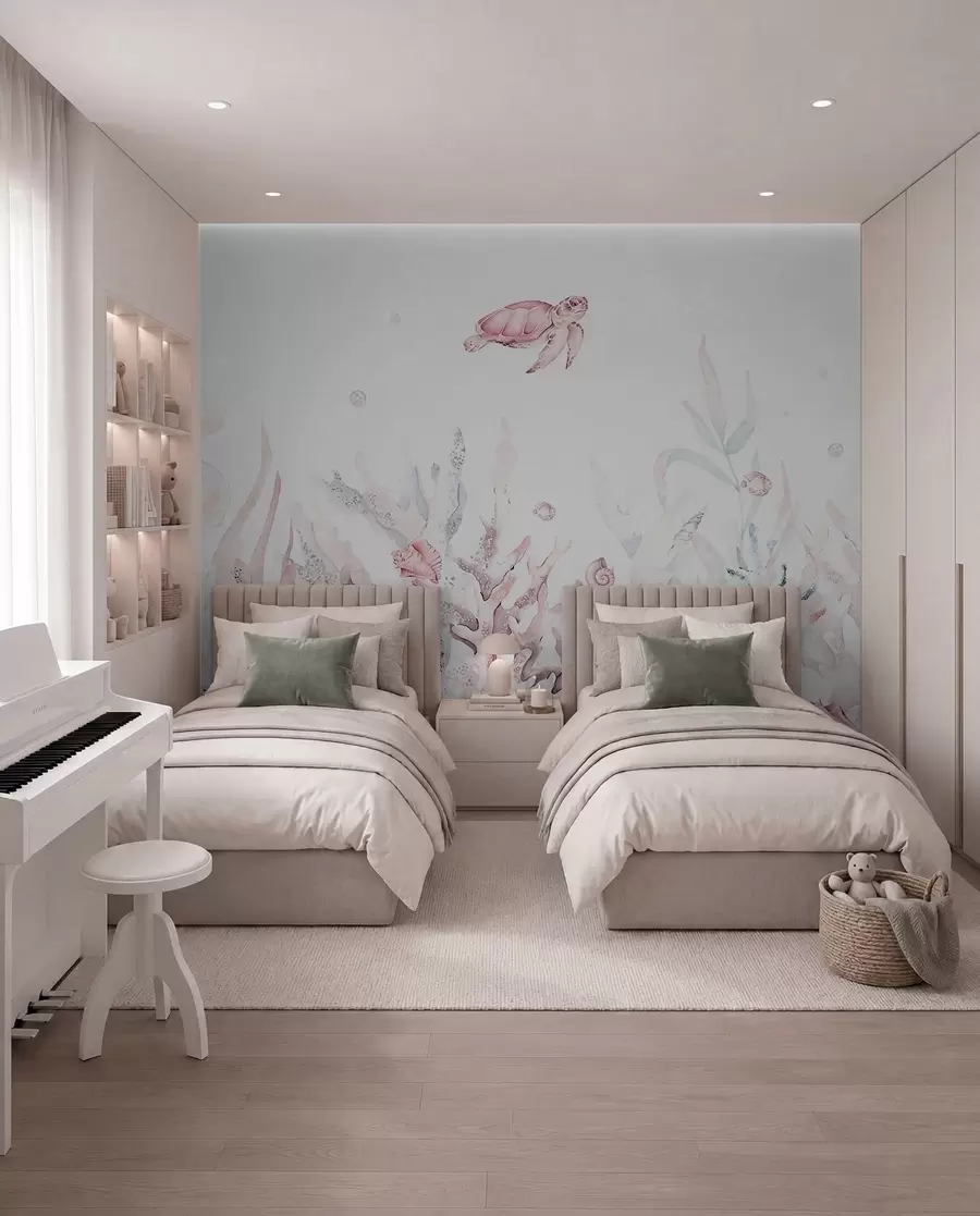 peintures murales Coraux de mer aquarelle, coquillages, tortues, vie marine, couleurs rose tendre w00849v2