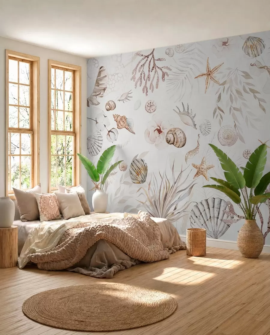 wall murals Watercolor marine pattern, boho style, seashells, corals, cotton, beige colors w00851