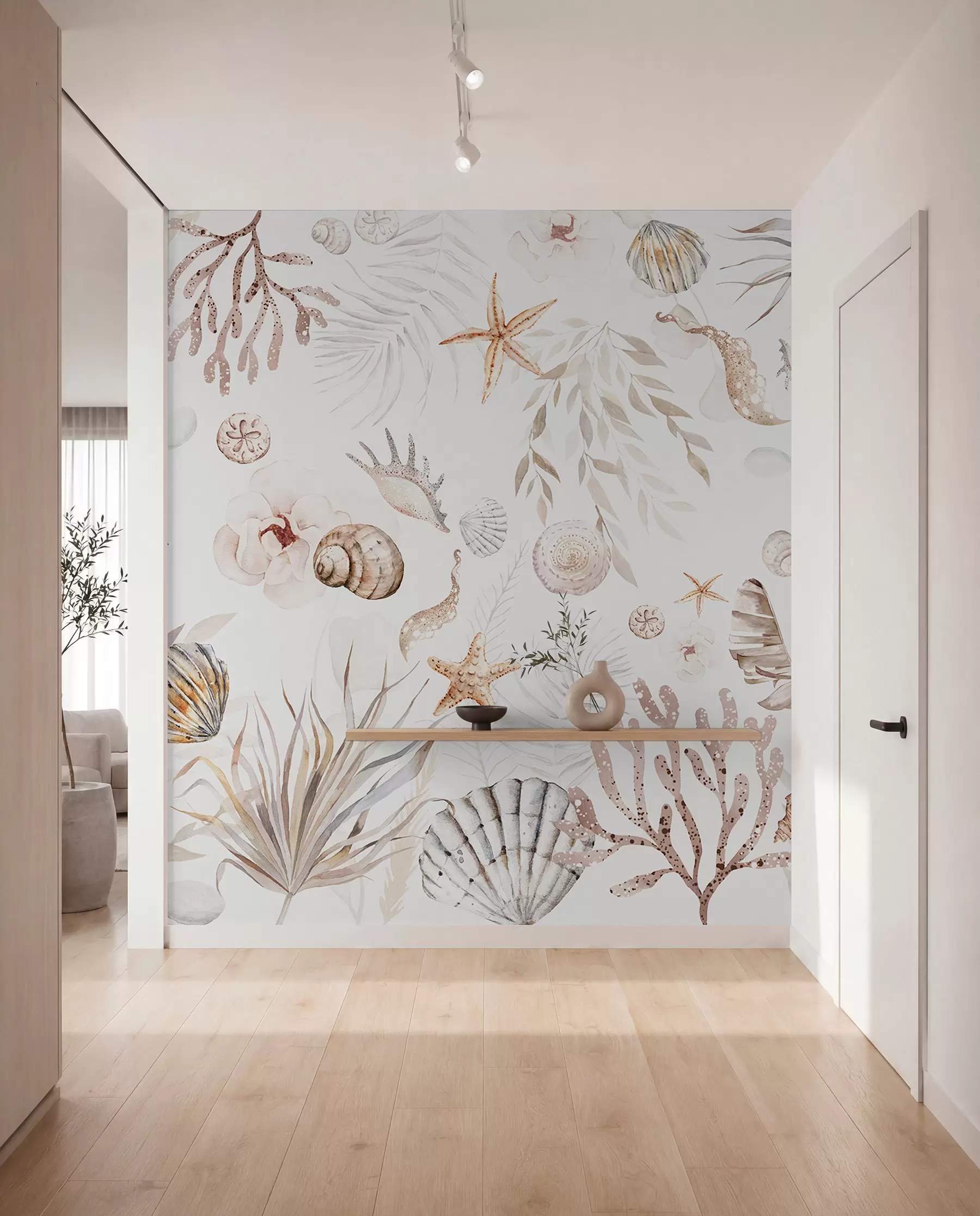 peintures murales Motif marin aquarelle, style bohème, coquillages, coraux, coton, coloris beige w00851