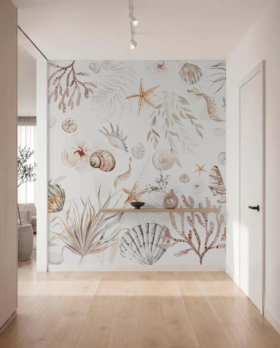peintures murales Motif marin aquarelle, style bohème, coquillages, coraux, coton, coloris beige w00851