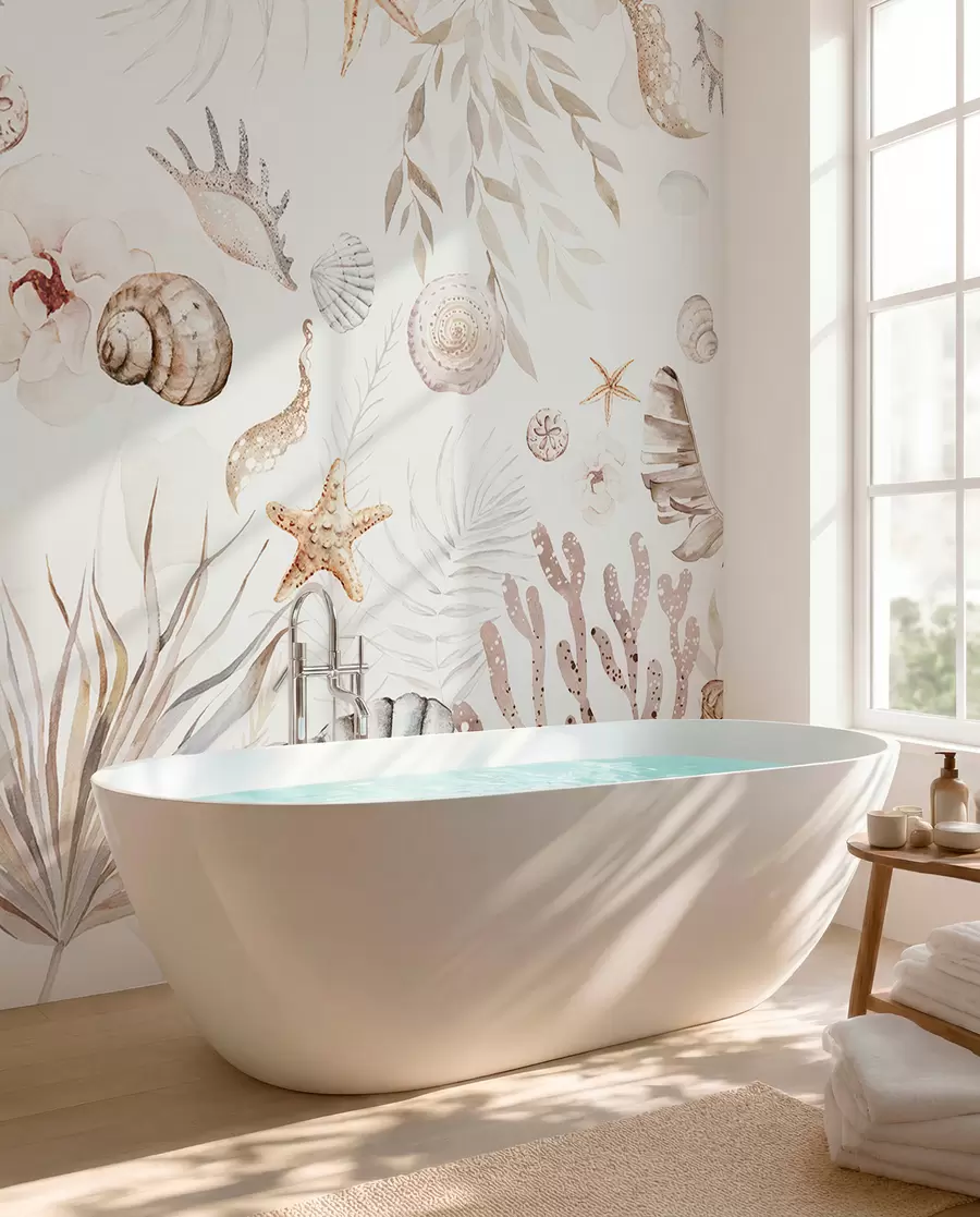 wall murals Watercolor marine pattern, boho style, seashells, corals, cotton, beige colors w00851
