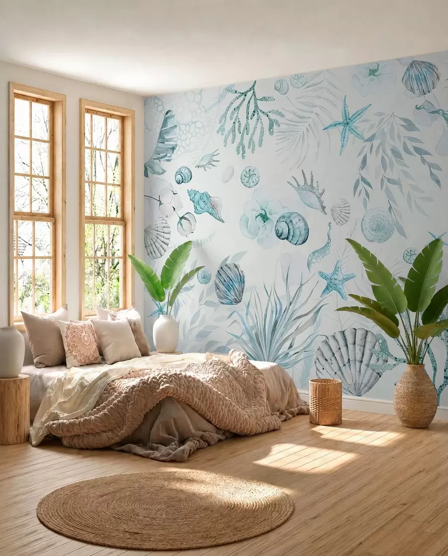 Wall Mural Photo Wallpaper Watercolor marine pattern, boho style, seashells, corals, cotton, blue colors w00851v1