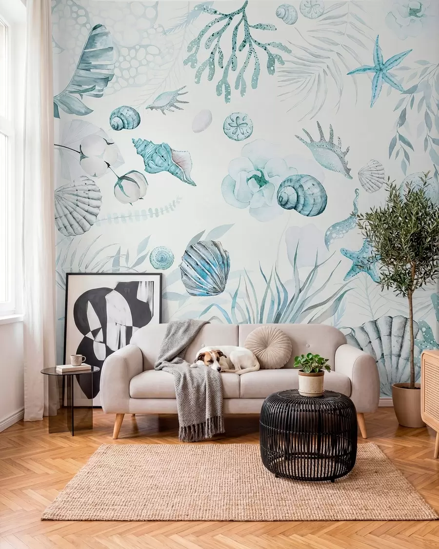 Wall Mural Photo Wallpaper Watercolor marine pattern, boho style, seashells, corals, cotton, blue colors w00851v1