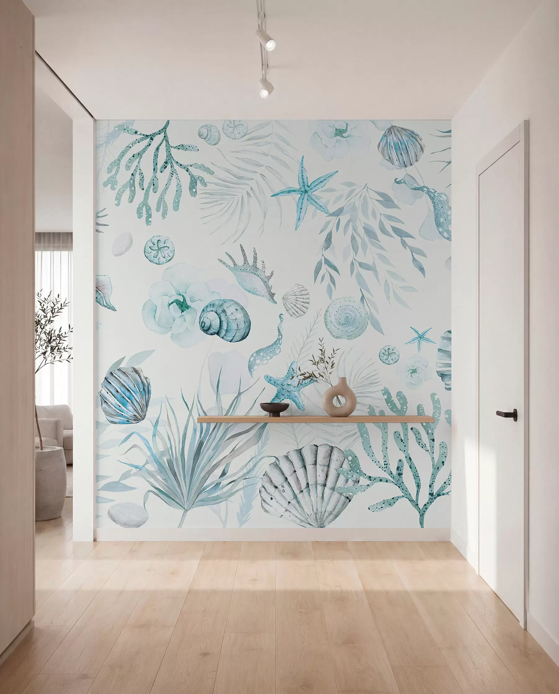 Wall Mural Photo Wallpaper Watercolor marine pattern, boho style, seashells, corals, cotton, blue colors w00851v1