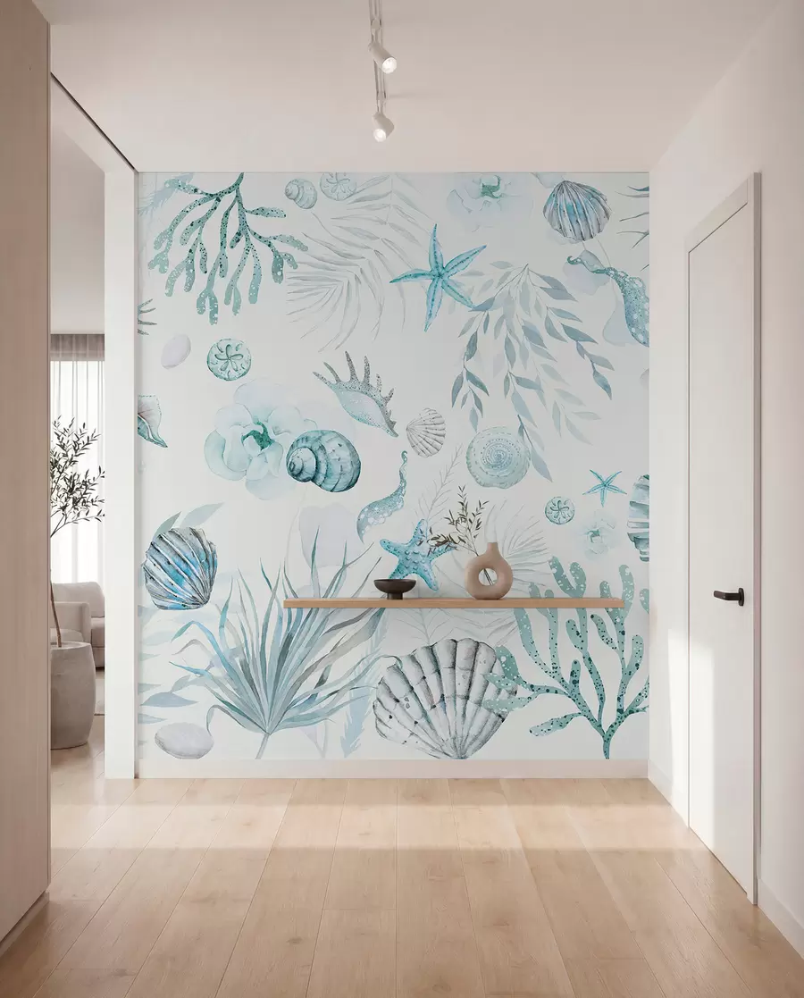 peintures murales Motif marin aquarelle, style bohème, coquillages, coraux, coton, coloris bleus w00851v1