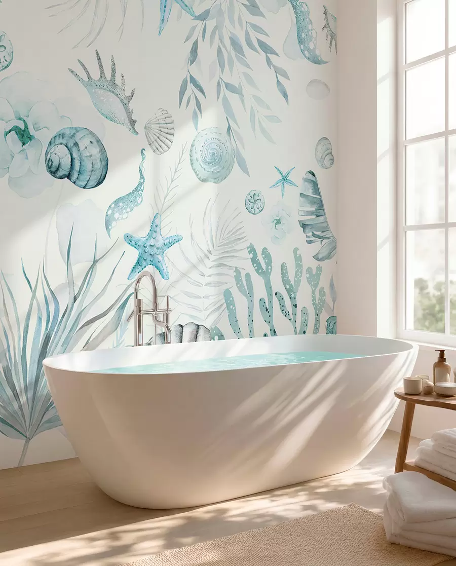 wall murals Watercolor marine pattern, boho style, seashells, corals, cotton, blue colors w00851v1