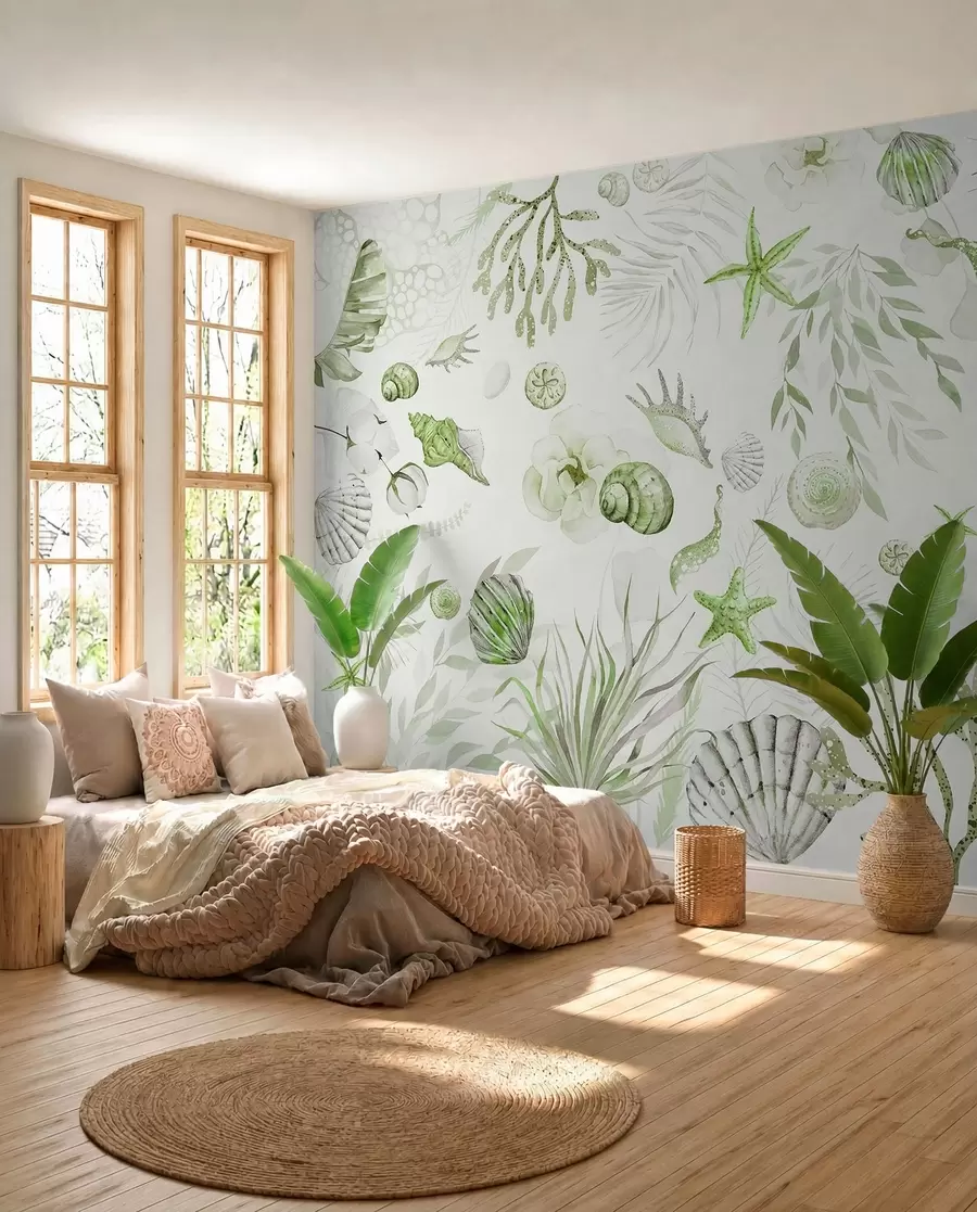 peintures murales Motif marin aquarelle, style bohème, coquillages, coraux, coton, couleurs vertes w00851v2