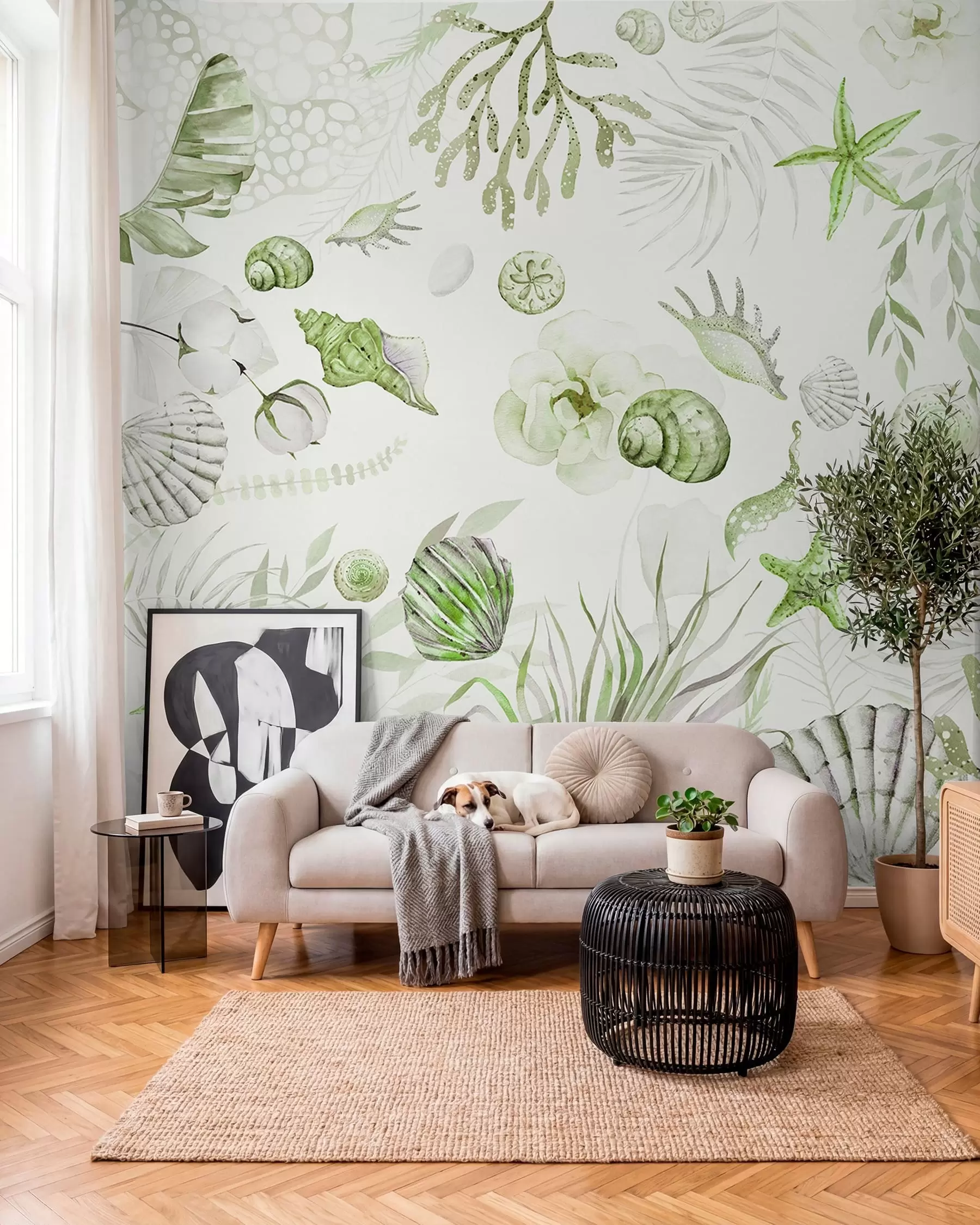 peintures murales Motif marin aquarelle, style bohème, coquillages, coraux, coton, couleurs vertes w00851v2
