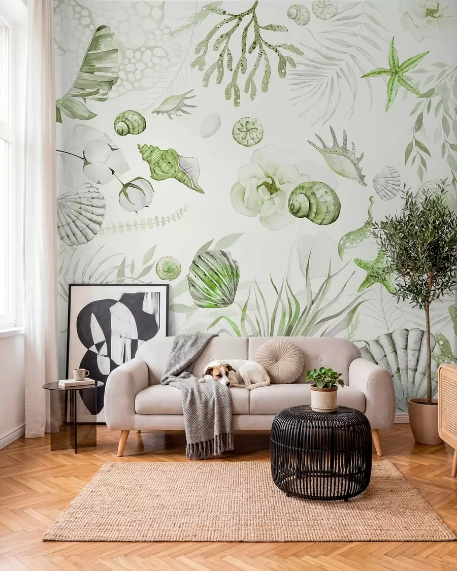 Wall Mural Photo Wallpaper Watercolor marine pattern, boho style, seashells, corals, cotton, green colors w00851v2