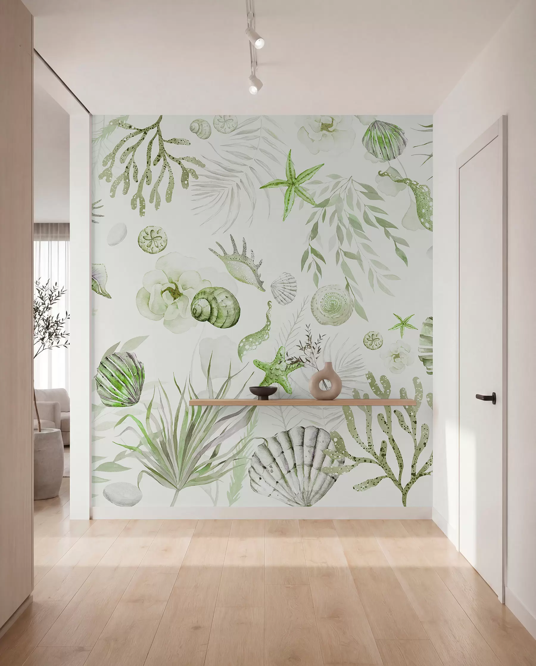 wall murals Watercolor marine pattern, boho style, seashells, corals, cotton, green colors w00851v2