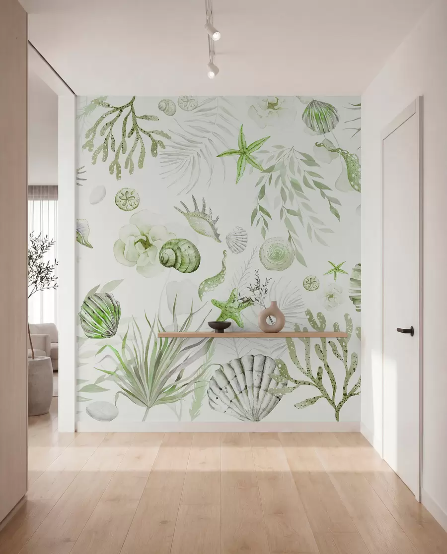 peintures murales Motif marin aquarelle, style bohème, coquillages, coraux, coton, couleurs vertes w00851v2