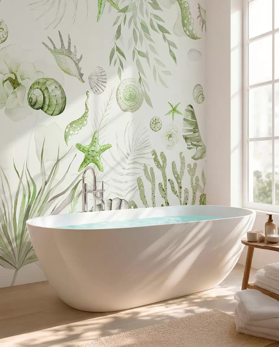 Wall Mural Photo Wallpaper Watercolor marine pattern, boho style, seashells, corals, cotton, green colors w00851v2