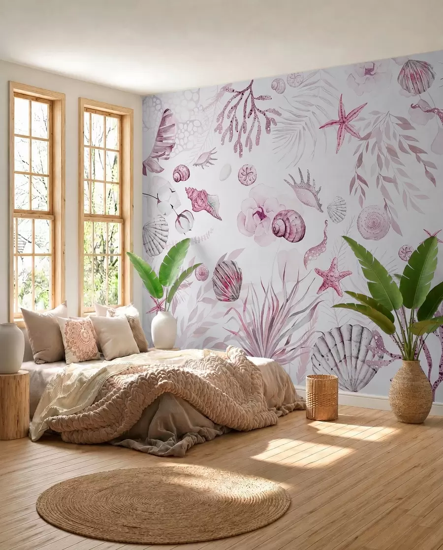 wall murals Watercolor marine pattern, boho style, seashells, corals, cotton, pink colors w00851v3