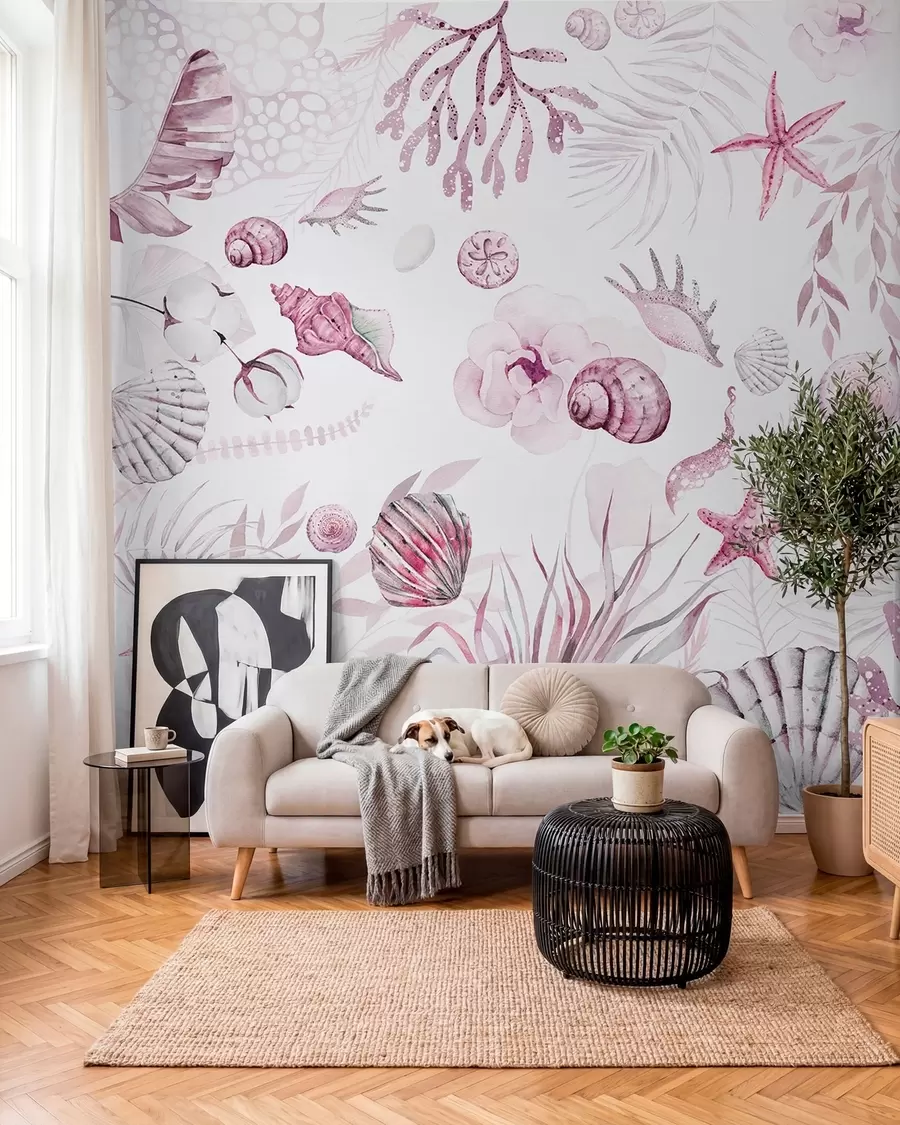 Wall Mural Photo Wallpaper Watercolor marine pattern, boho style, seashells, corals, cotton, pink colors w00851v3
