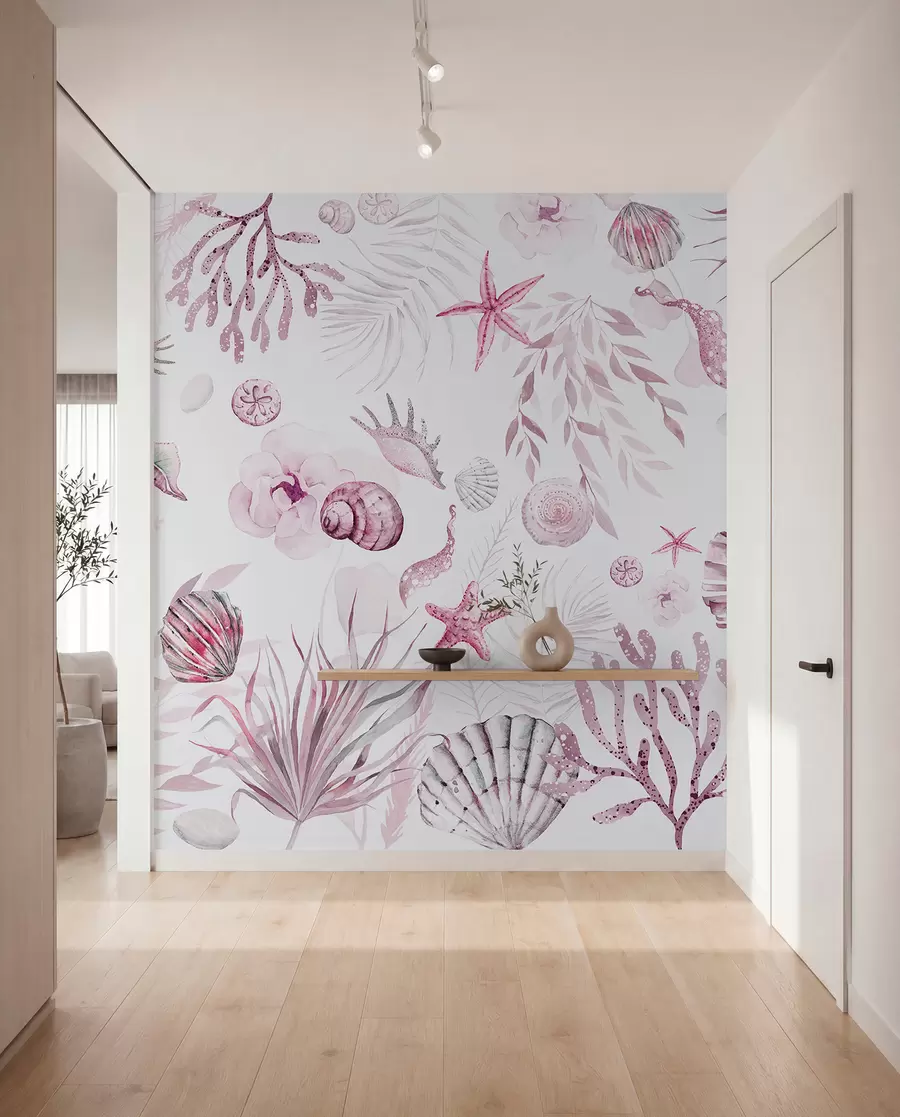 peintures murales Motif marin aquarelle, style bohème, coquillages, coraux, coton, couleurs roses w00851v3