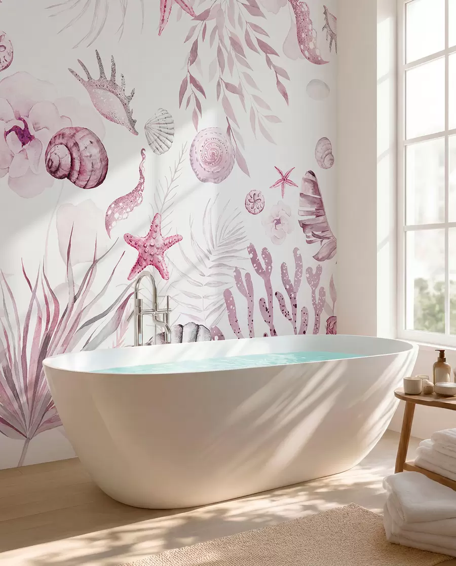 wall murals Watercolor marine pattern, boho style, seashells, corals, cotton, pink colors w00851v3