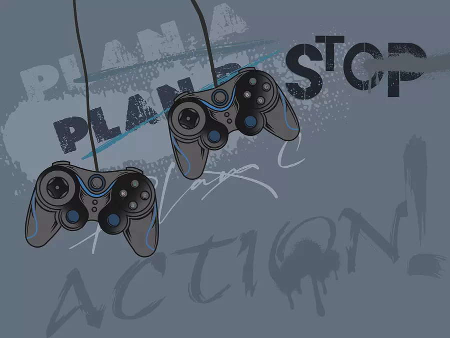 Wall Mural Photo Wallpaper Kids wallpaper for teenager with joysticks and graphic lettering in blue w00829