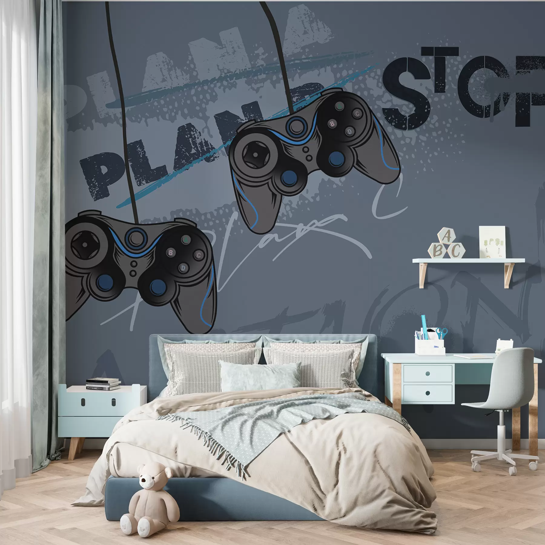 wall murals Kids wallpaper for teenager with joysticks and graphic lettering in blue w00829