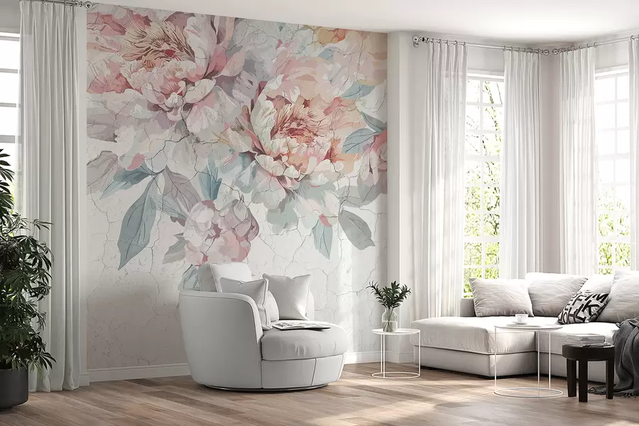 murales Un ramo de flores de peonía grandes, suaves, de color rosa pastel y blanco, con hojas verdes sobre un fondo claro w00896