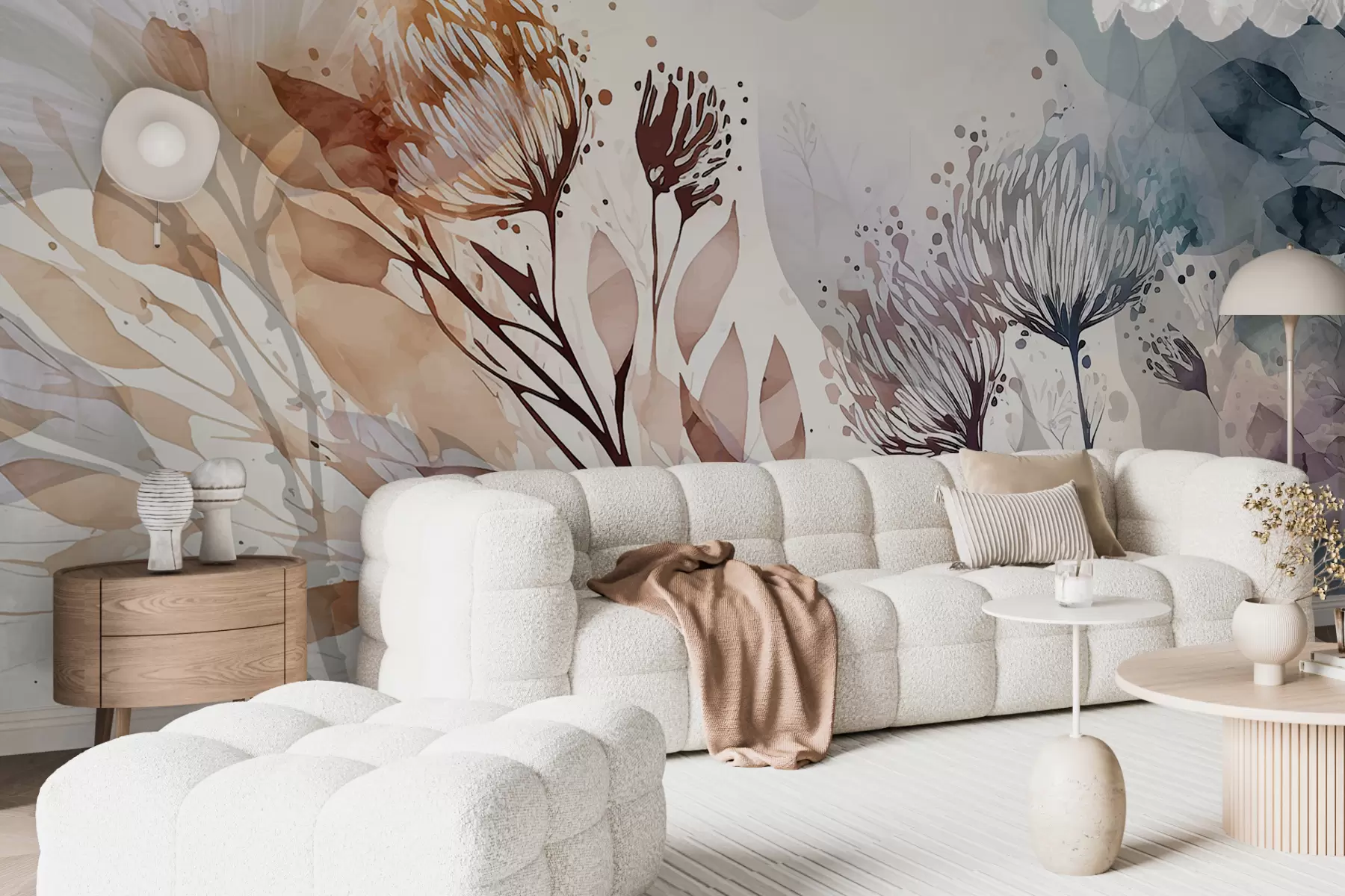 wall murals Delicate floral abstract, stylized flowers and plant forms elements in muted, earthy tones watercolor art w00898