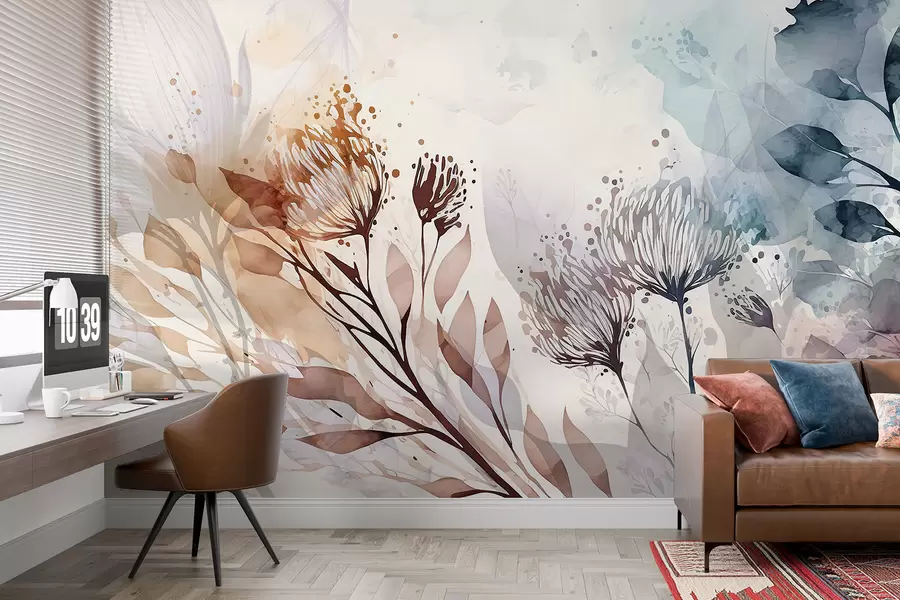 murales Delicados elementos florales abstractos, flores estilizadas y formas vegetales en tonos apagados y terrosos, arte acuarela w00898