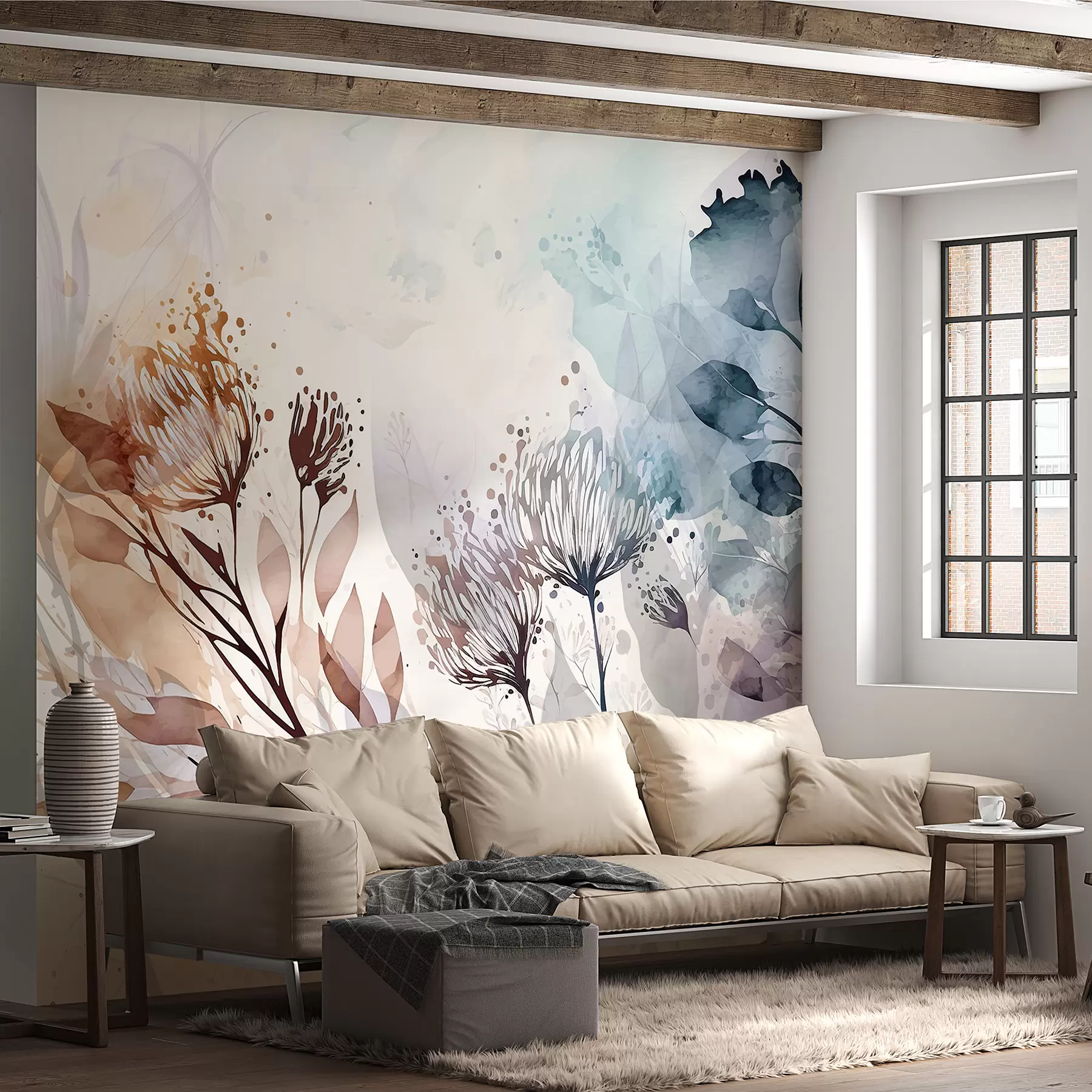Wall Mural Photo Wallpaper Delicate floral abstract, stylized flowers and plant forms elements in muted, earthy tones watercolor art w00898