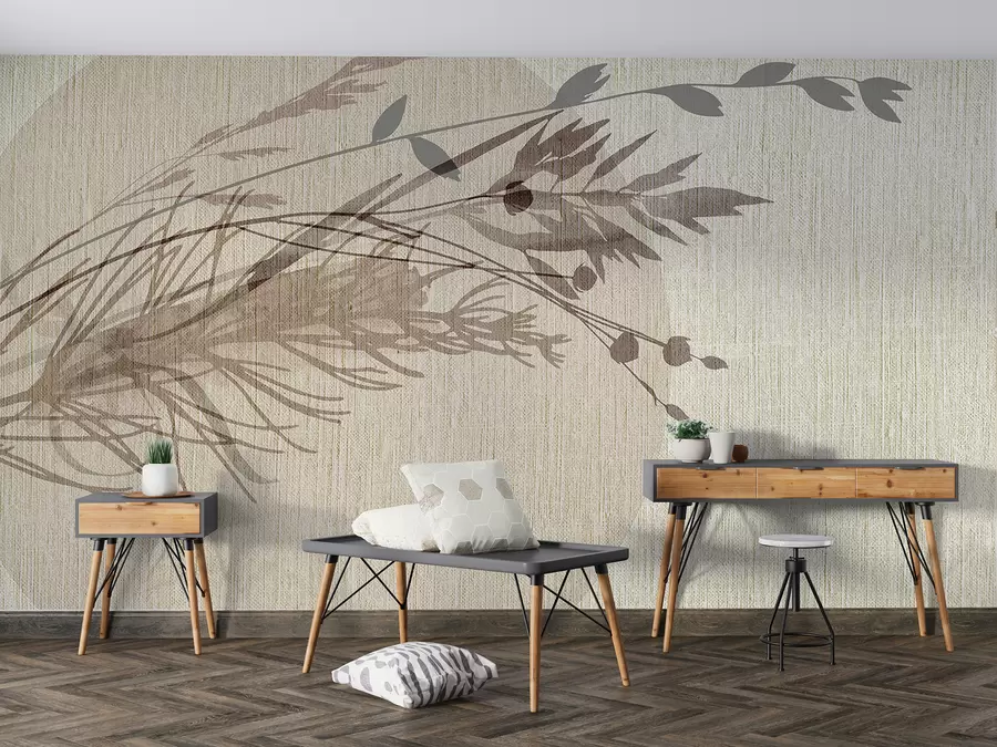 Wall Mural Photo Wallpaper A minimalist  illustration of a circular shape with abstract plant-like elements in muted earth tones w00902