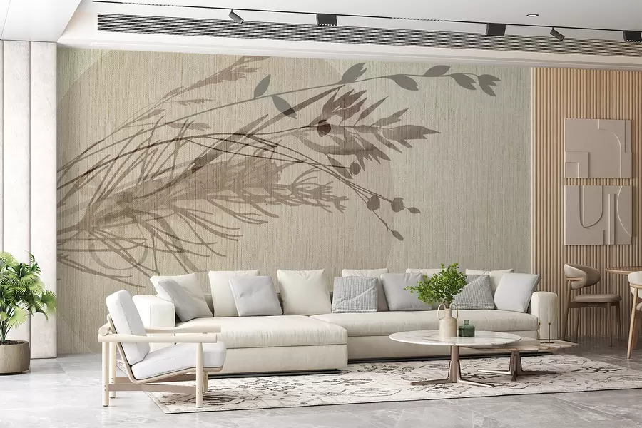 murales Una ilustración minimalista de una forma circular con elementos abstractos parecidos a plantas en tonos tierra apagados w00902