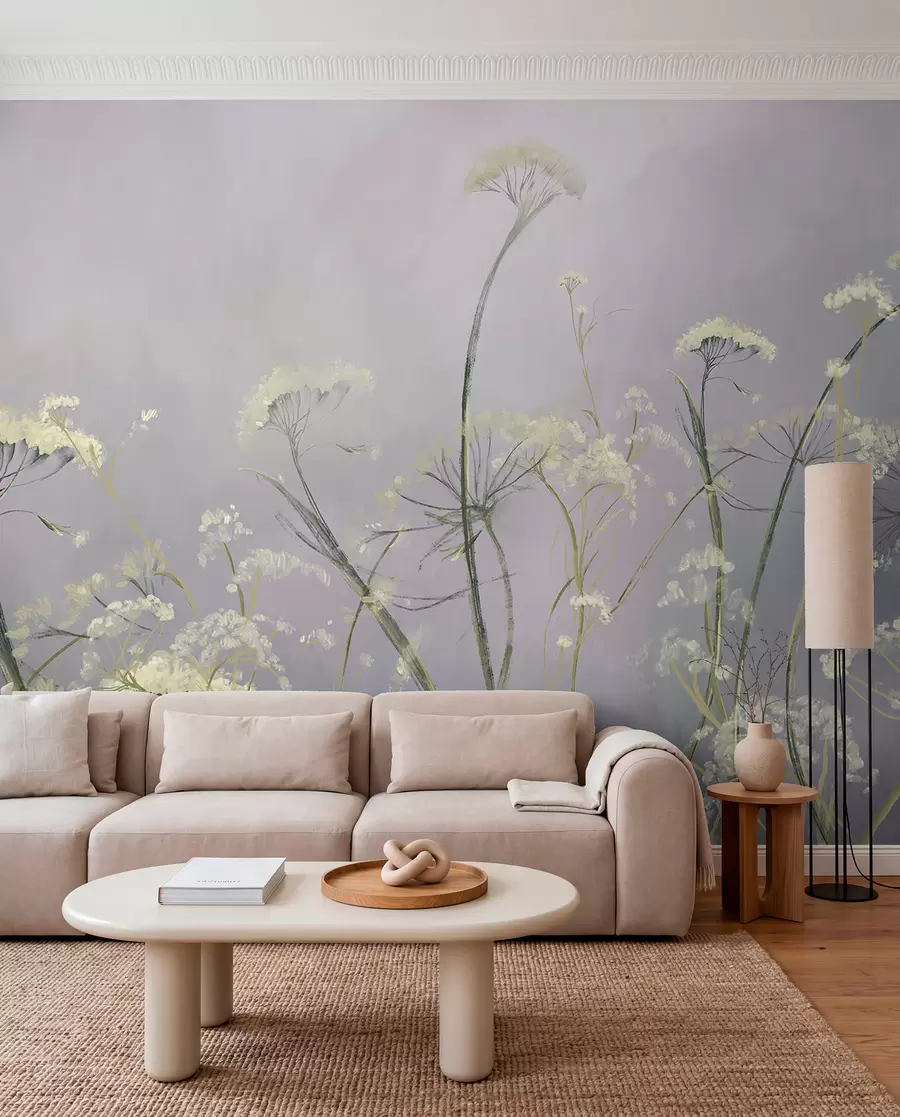 Wall Mural Photo Wallpaper White wildflowers in a misty field with soft, blurred gray background w00903