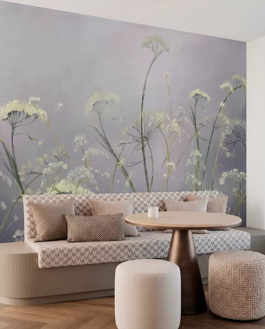 Wall Mural Photo Wallpaper White wildflowers in a misty field with soft, blurred gray background w00903