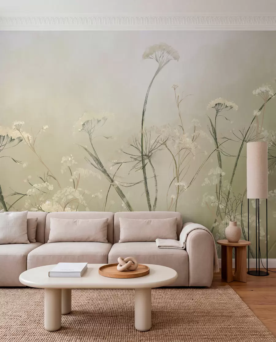 Wall Mural Photo Wallpaper White wildflowers in a misty field with soft, blurred sepia background w00903v1