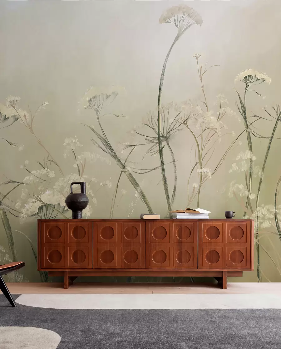 wall murals White wildflowers in a misty field with soft, blurred sepia background w00903v1